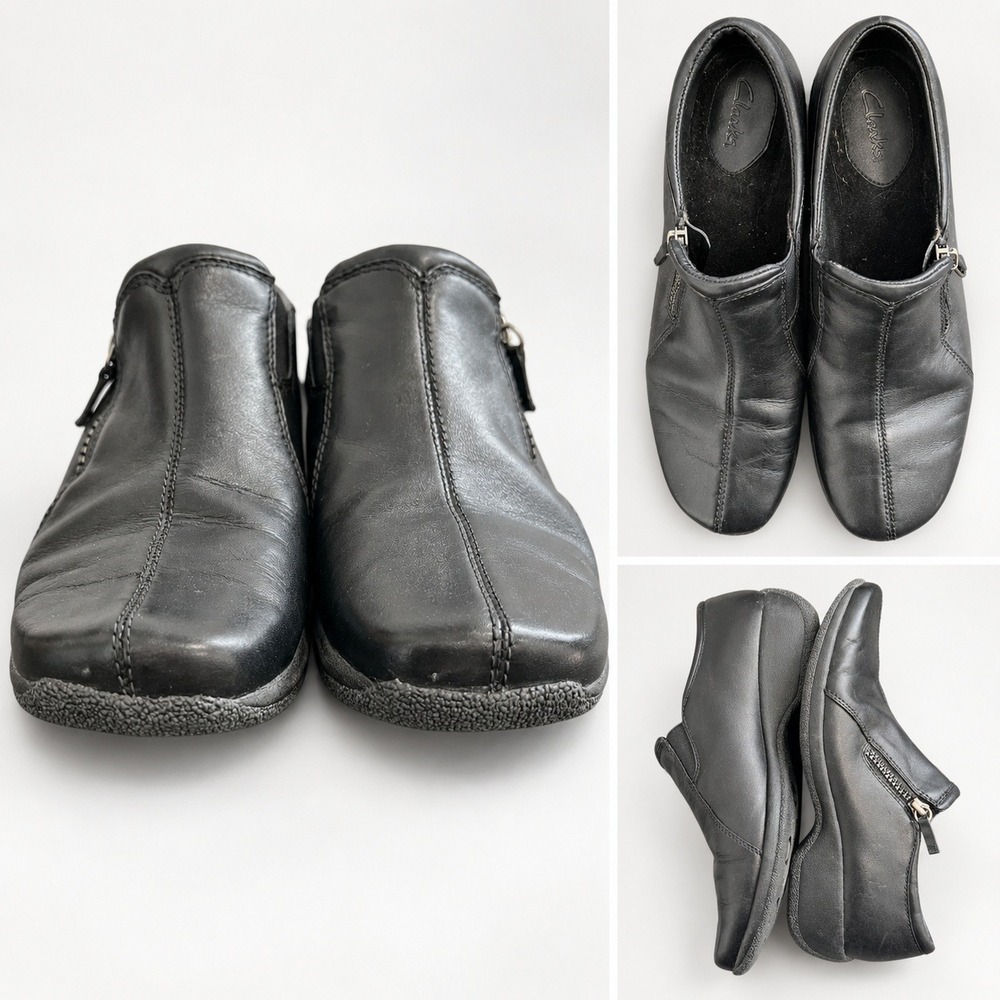 Clarks Womens Black Leather Side Zip Square Toe Wedge Loafers Size 9M